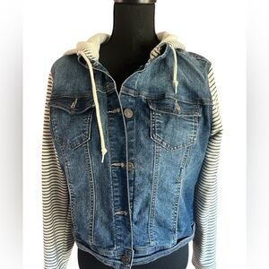 Wallflower Blue Denim Jacket with Cream Striped Hooded Sleeves